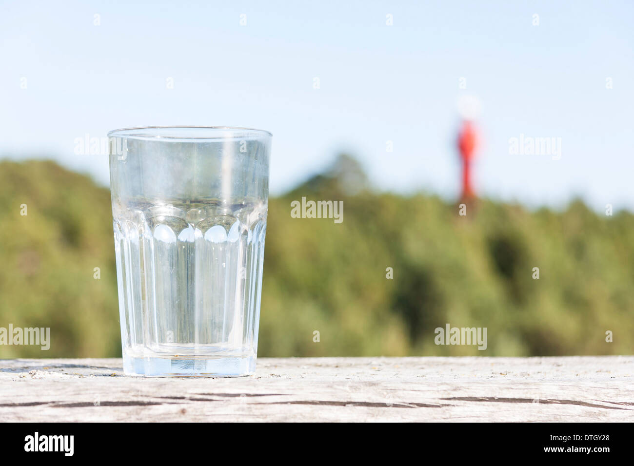 Drinking glass on table, green forest in background Stock Photo