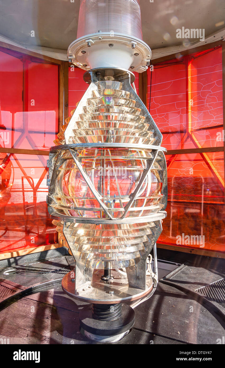 Thick magnifying glass or lens around a bulb in a lighthouse Stock