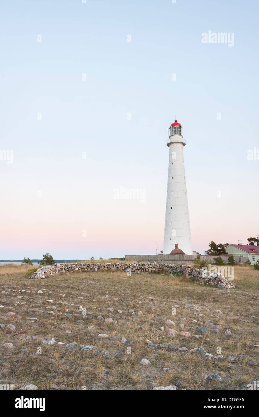 Tall white Tahkuna lighthouse in Hiiumaa, Estonia Stock Photo