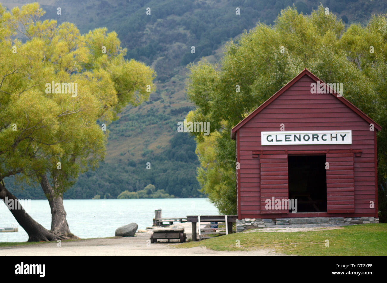 An old Boatshed in Glenorchy wharf in the south island of New Zealand Stock Photo