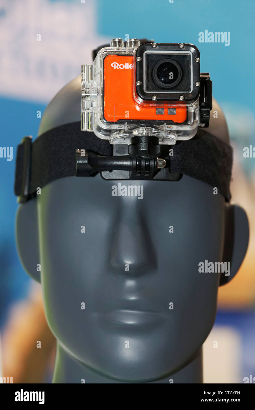 Waterproof helmet camera or actioncam, attached to the head of a mannequin Stock Photo