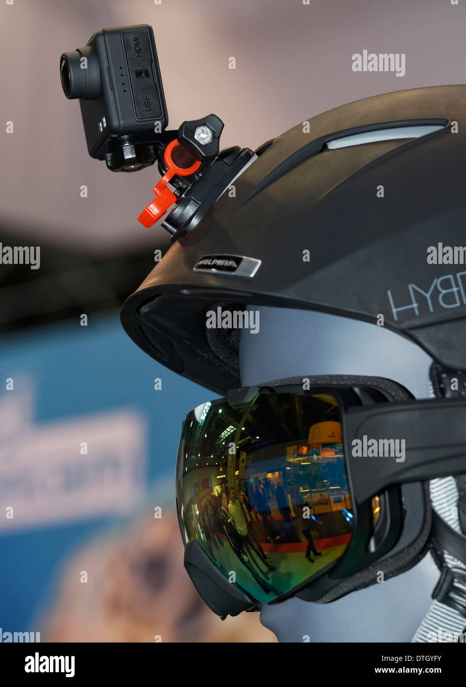 camera or actioncam, mounted on ski helmet or snowboarding helmet Stock Photo