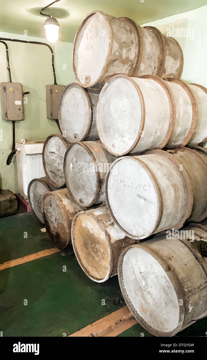 Illustration with painting effect of ten old mazut barrels in pyramid shape. Stock Photo
