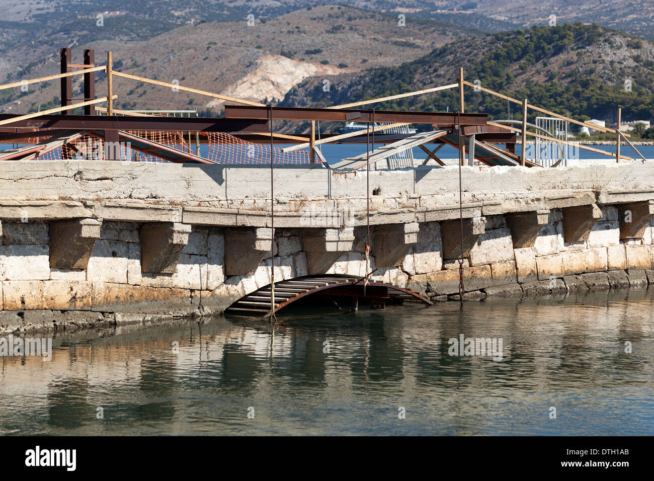 Drapano Bridge Argostoli Kefalonia. maintenance and repair Stock Photo