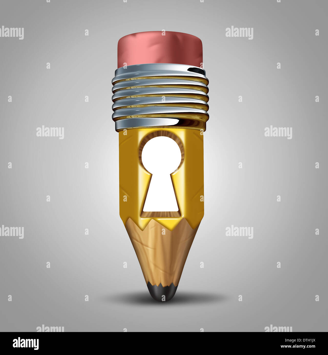 Creative key and planning solutions as a yellow pencil with a keyhole opening as success metaphor for achievement in creativity Stock Photo