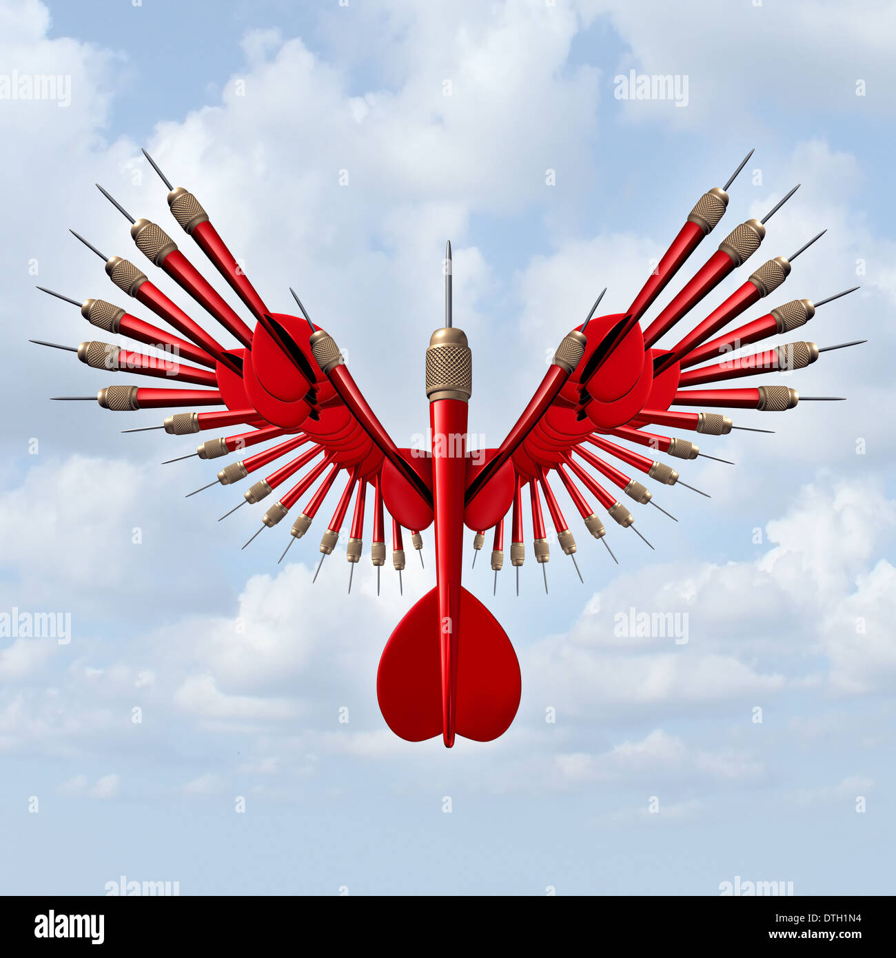 Setting goals business concept and opportunity freedom symbol with a group of red darts in the shape of open bird wings Stock Photo