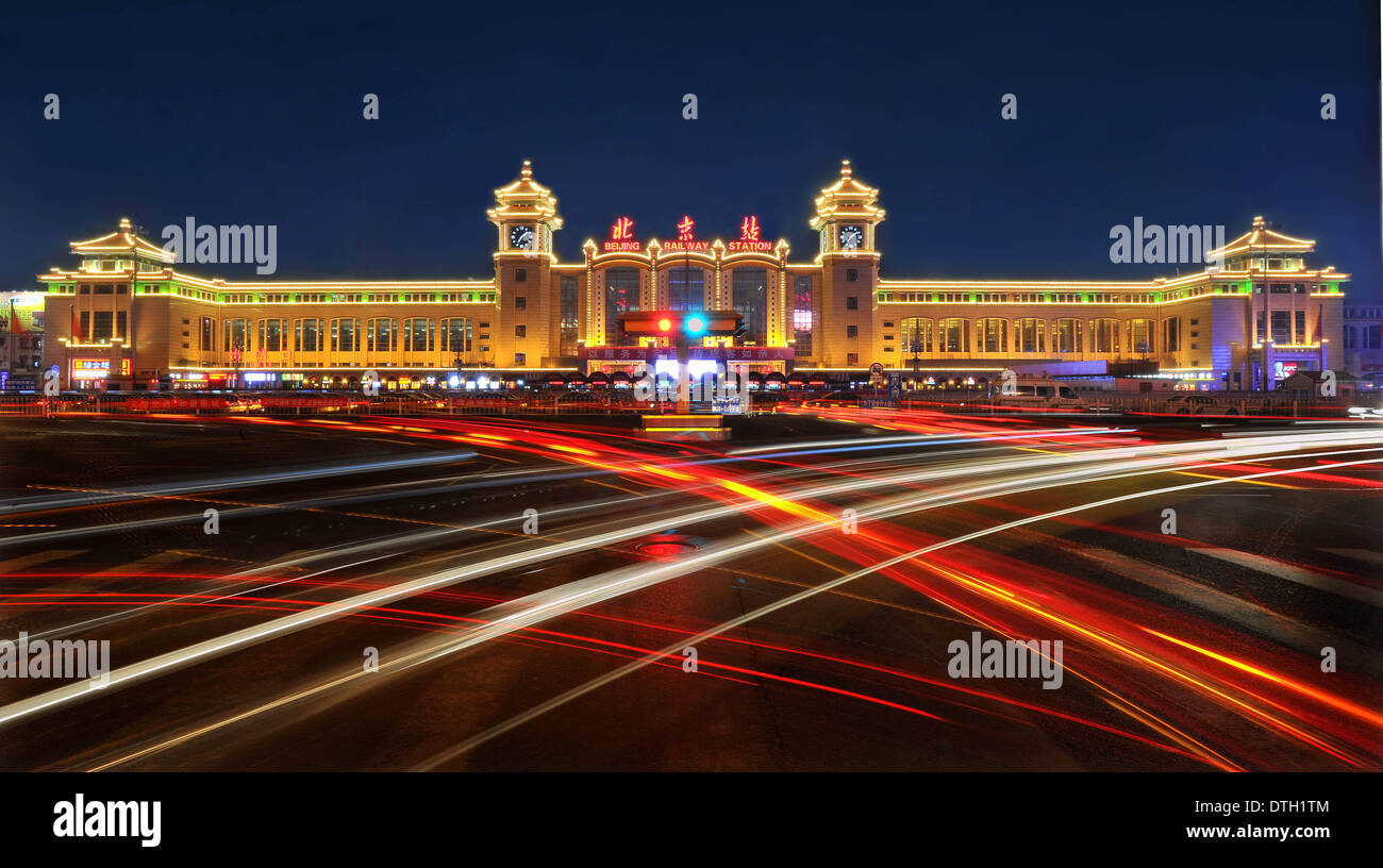 Beijing. 5th Feb, 2014. Photo taken on Feb. 5, 2014 shows the night view of Beijing Railway Station in Beijing, capital of China. Beijing Railway Station was put into operation in 1959 and was the largest station in China at the time. Though superseded by the newer and larger Beijing West and Beijing South Stations later, this station remains the only one located inside the old walled city. © Wang Jingguang/Xinhua/Alamy Live News Stock Photo