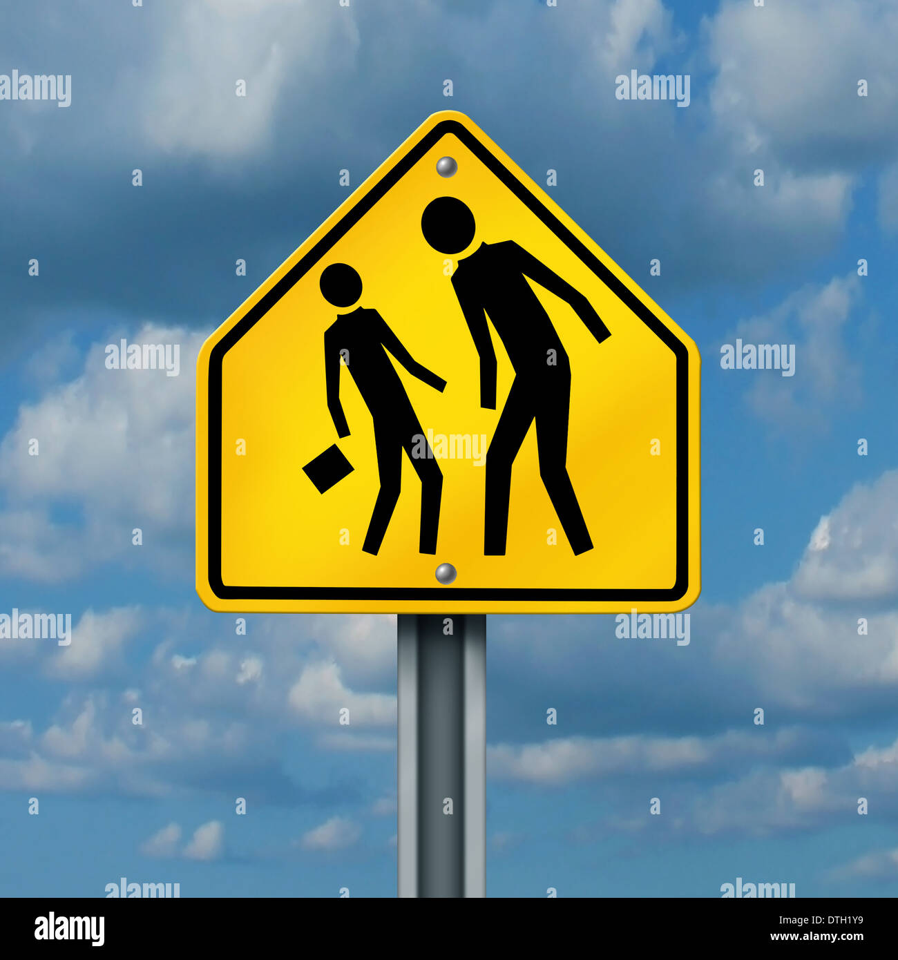 School bullying concept as a yellow traffic sign with an abusive bully attacking or harassing a smaller defenseless student as a symbol of the anxiety of being bullied and the social issues of childhood fear. Stock Photo