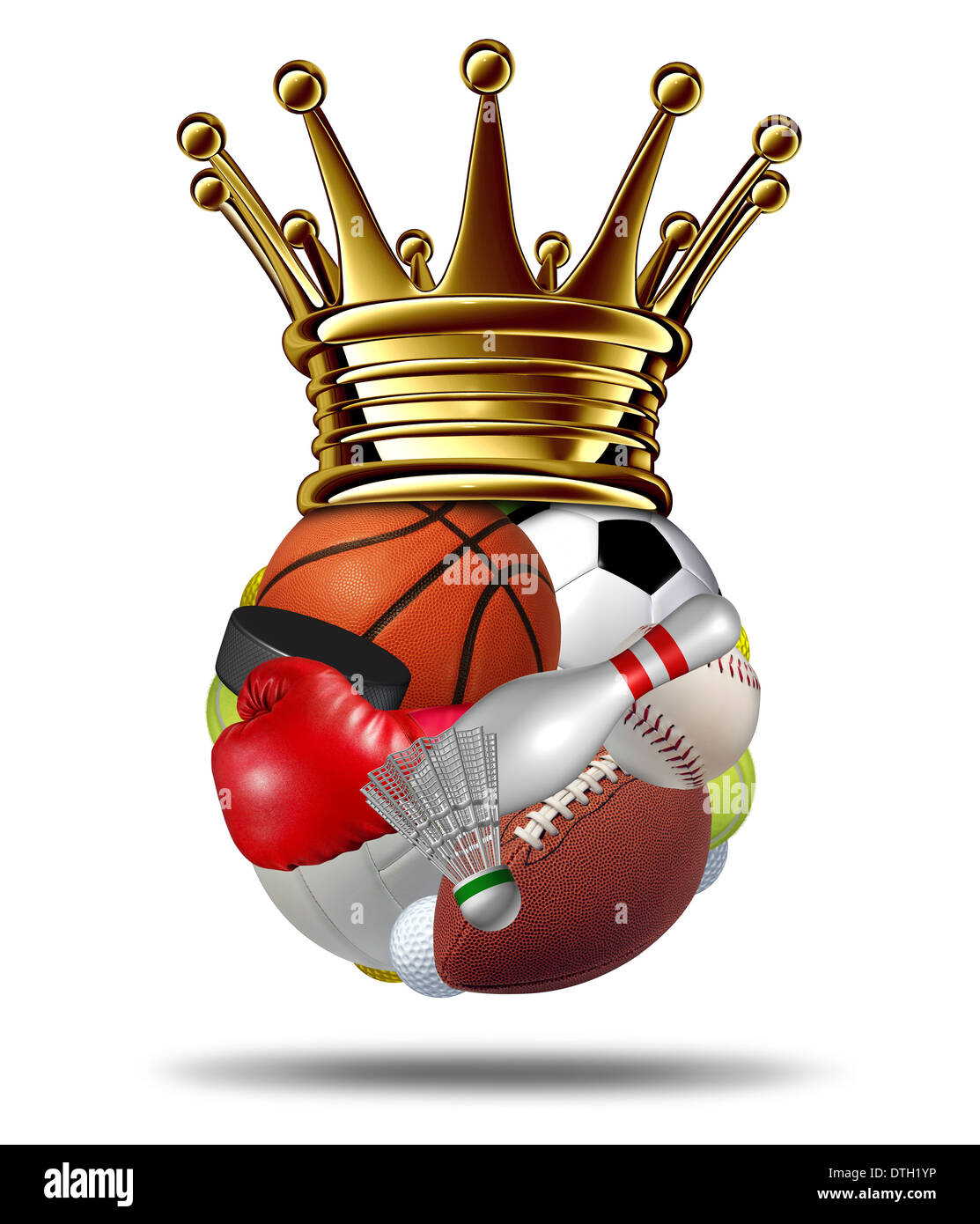 Sport winner concept with a group of sports equipment as a football basketball baseball soccer tennis golf volleyball hockey boxing and badminton shaped as a sphere ball wearing a gold crown as a symbol of fitness victory. Stock Photo