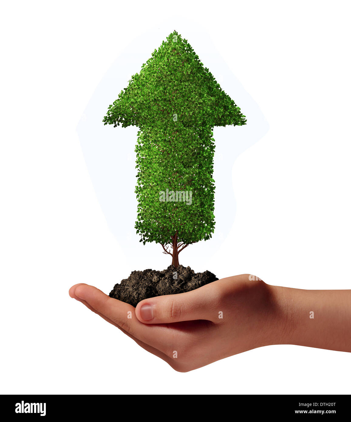 Thriving opportunity business success concept as a human hand holding an upward growing arrow tree in soil as a metaphor for future wealth and prosperity growth on a white background. Stock Photo