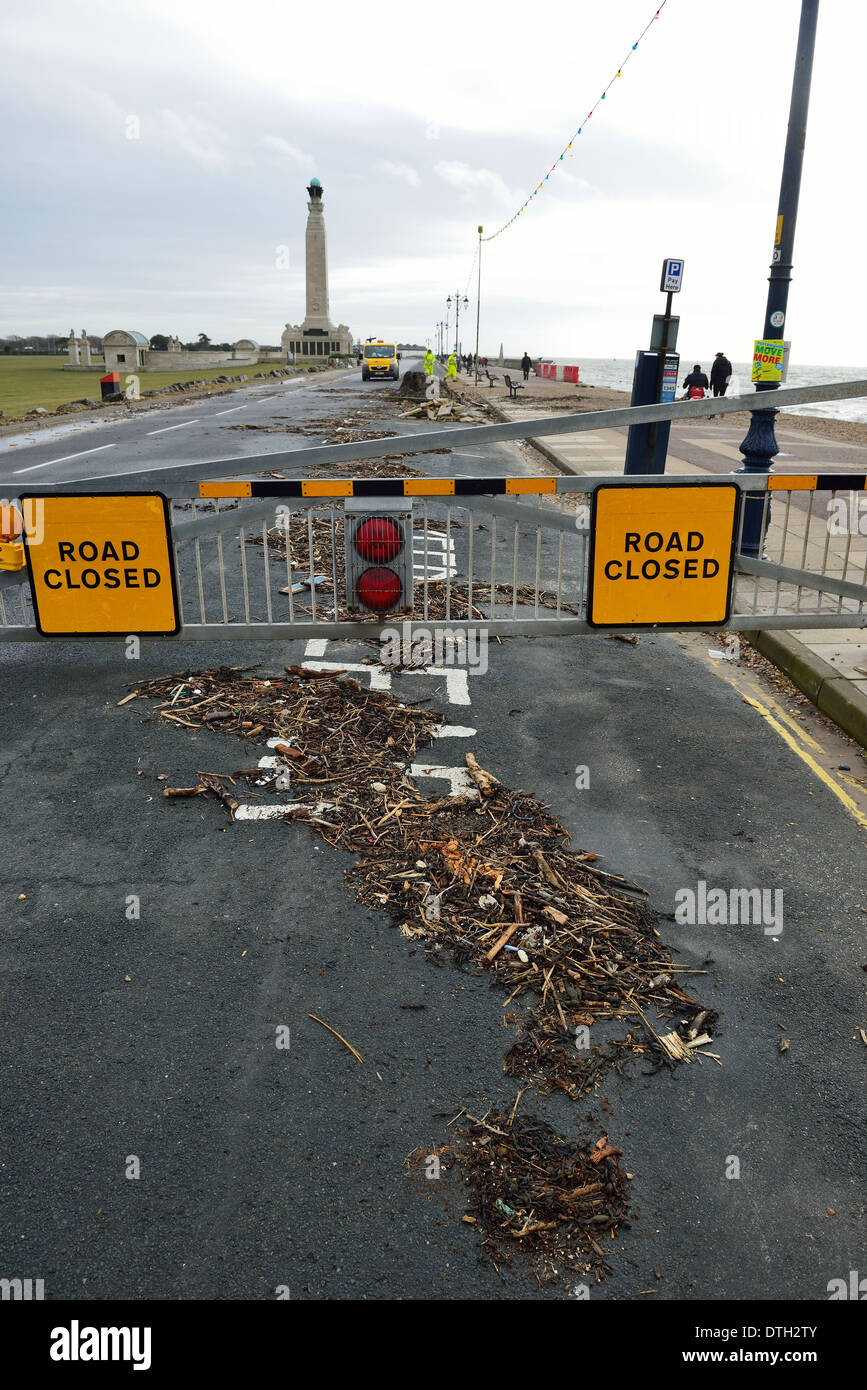 Southsea esplanade road closed due to storm damage. Portsmouth, Hampshire. UK Stock Photo