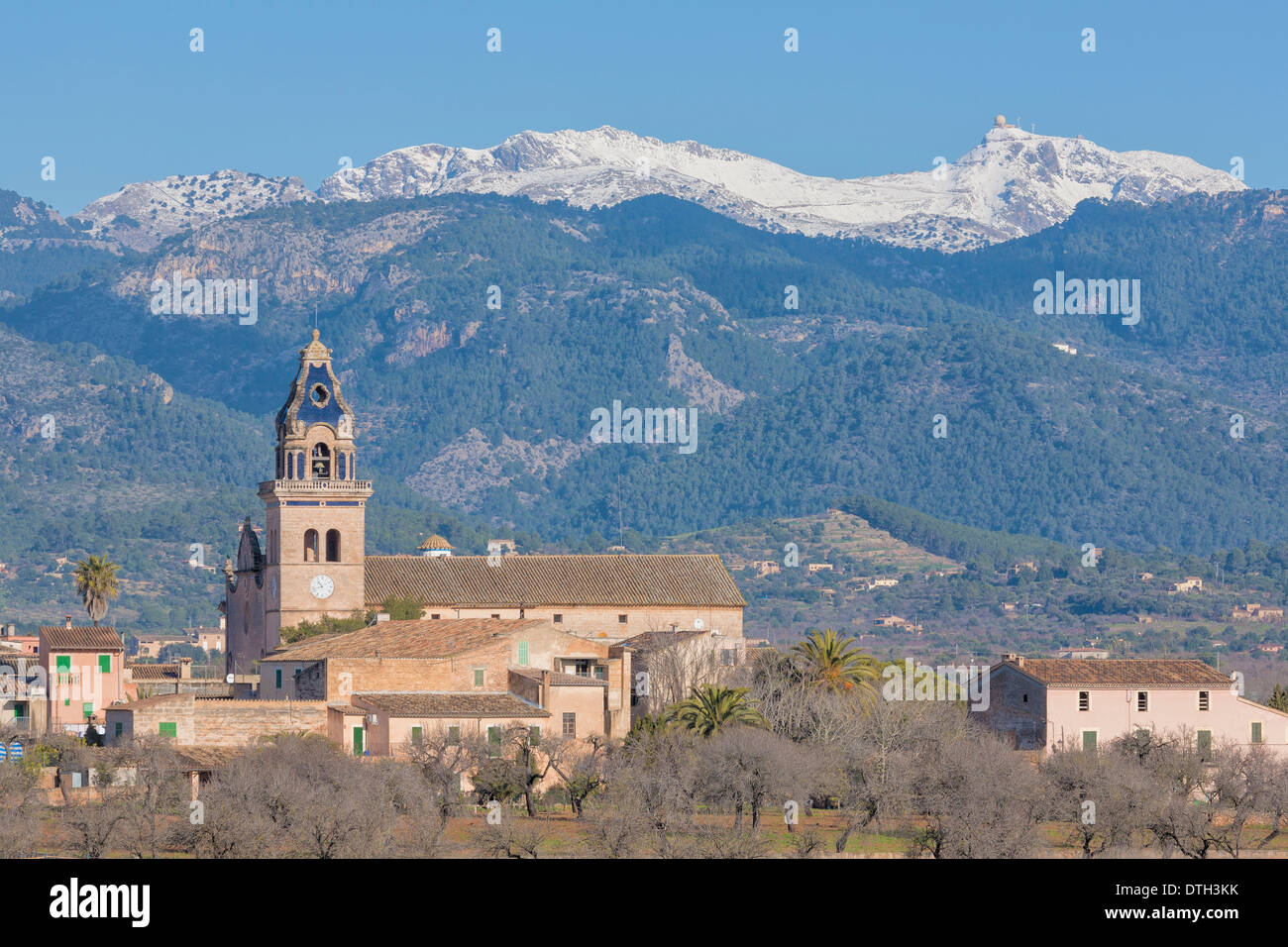 Santa Maria village 13th century parochial church and Tramuntana in Wintertime. Majorca, Balearic islands, Spain Stock Photo