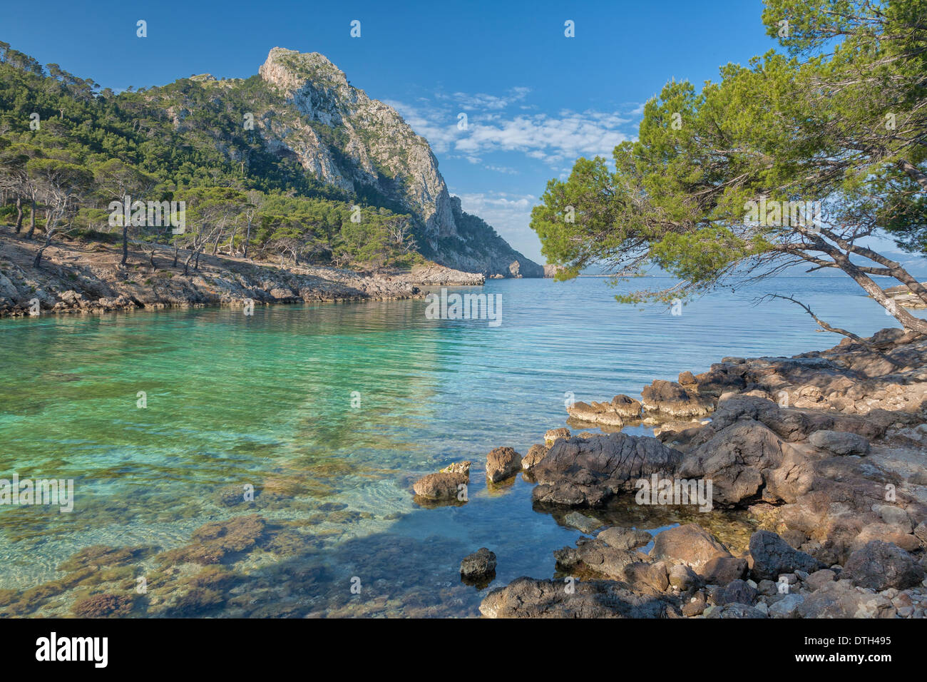 Ses Caletes des Cap Pinar cove and Penya de Migdia mountain. Spring morning. Alcúdia area. Majorca, Balearic islands, Spain Stock Photo