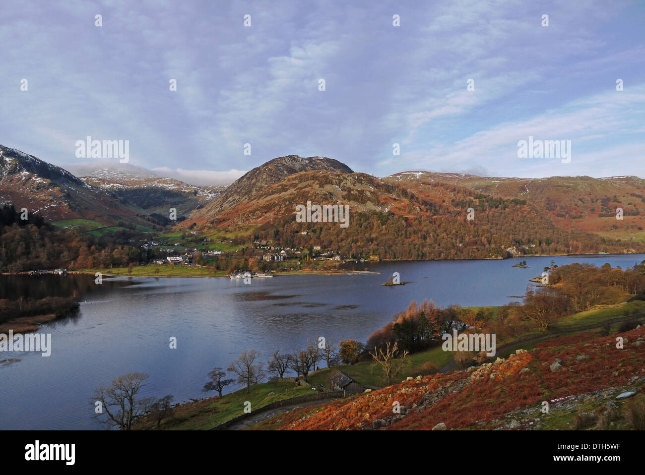 Ullswater, Lake District National Park, Cumbria, England, UK with Glenridding village in center distance Stock Photo