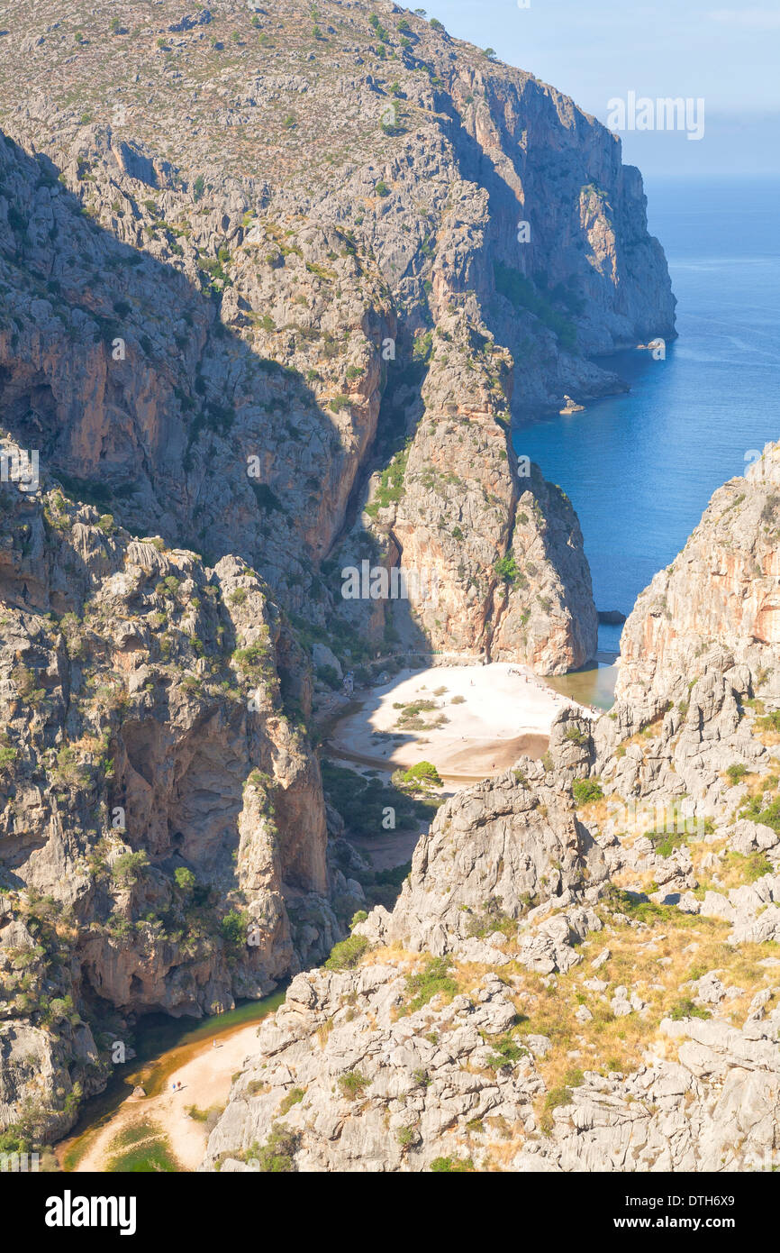 Majorca's northwest coast. Torrent de Pareis canyon mouth and beach near La Calobra. Escorca area, Balearic islands, Spain Stock Photo