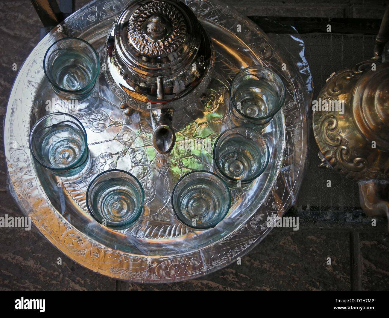 Moroccan Teapot and glasses on silver tray Stock Photo Alamy