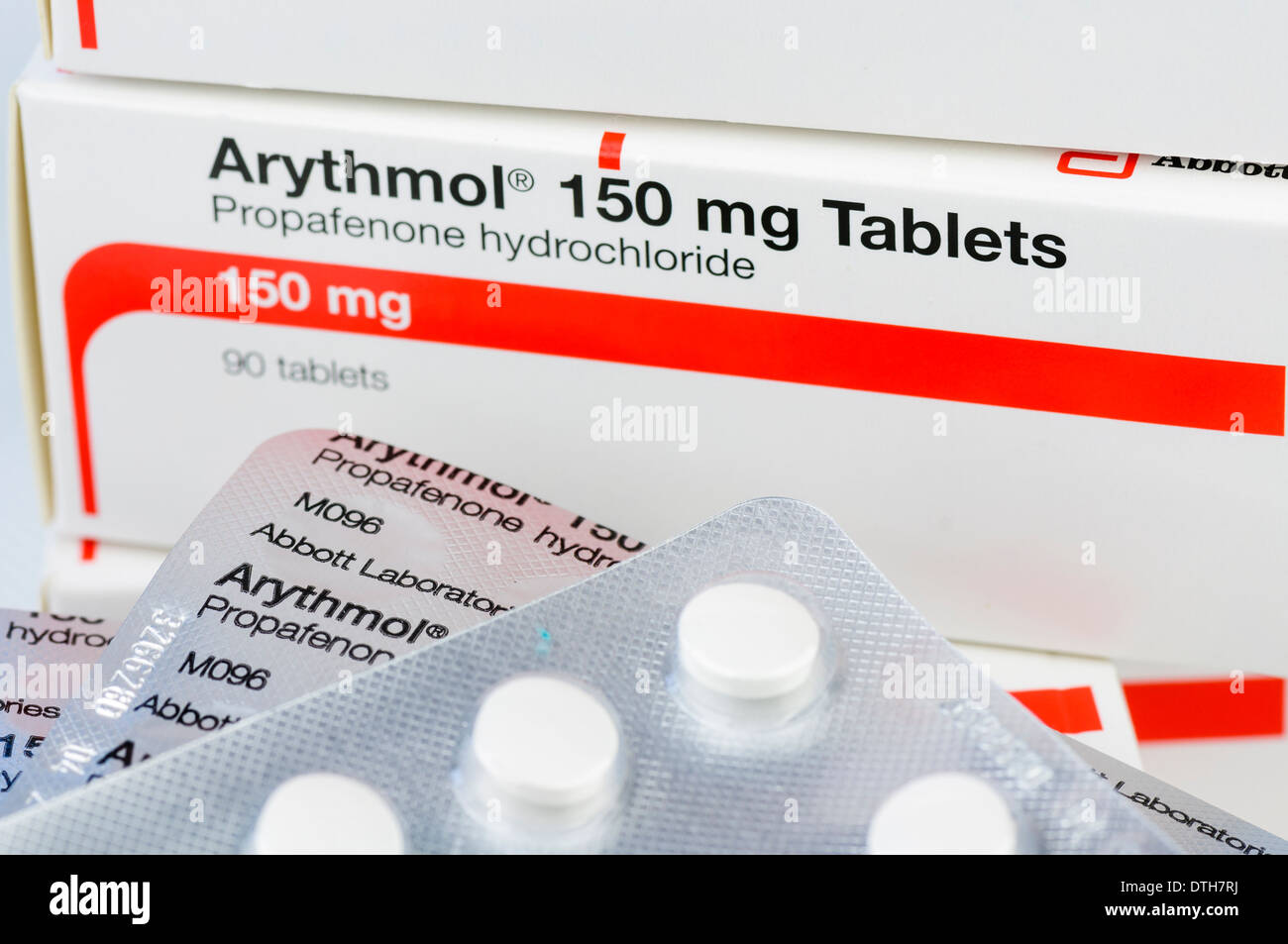 Arythmol (Propafenone hydrochloride) tablets, 150mg, used in the treatment of irregular heart rhythms. Stock Photo