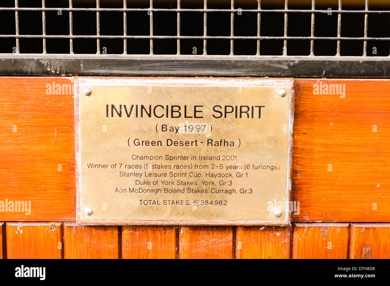 Nameplate for Invincible Spirit stud horse at the Irish National Stud. Stock Photo