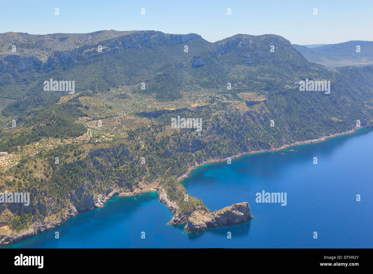 Majorca's north coast. Foradada peninsula, Valldemossa area. Puig Teix, Tramuntana hills. Aerial view. Balearic islands, Spain Stock Photo