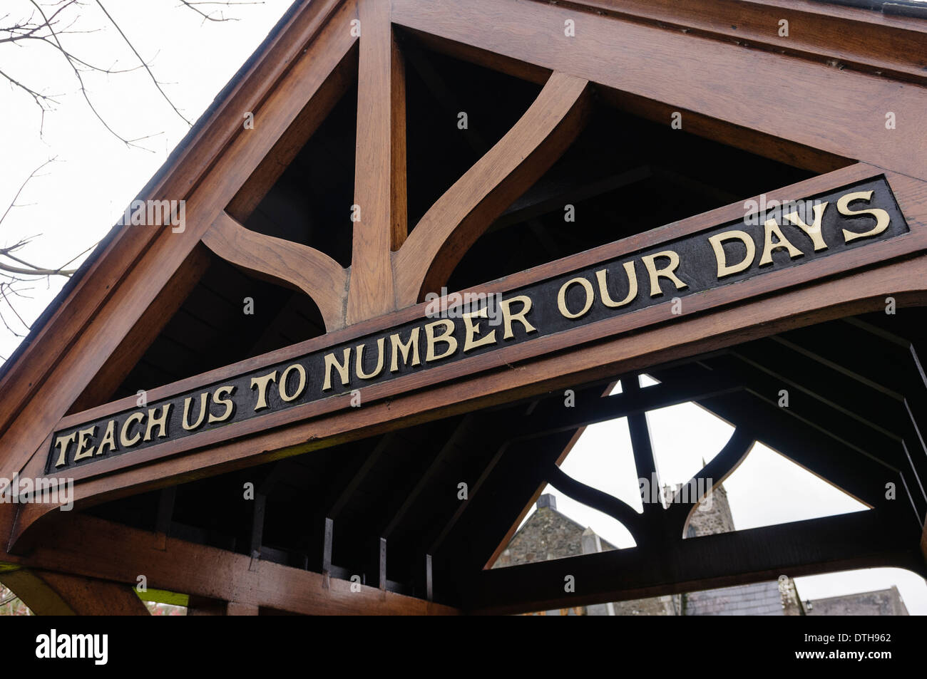 Sign over the gate of Inver Church, Larne saying 'Teach us to Number our Days' Stock Photo
