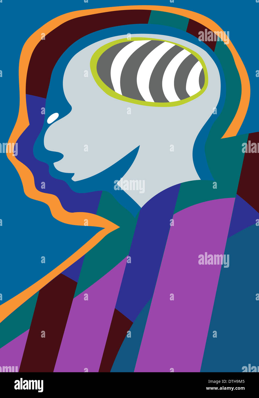 Abstract illustration of human head with brain in blue Stock Photo - Alamy