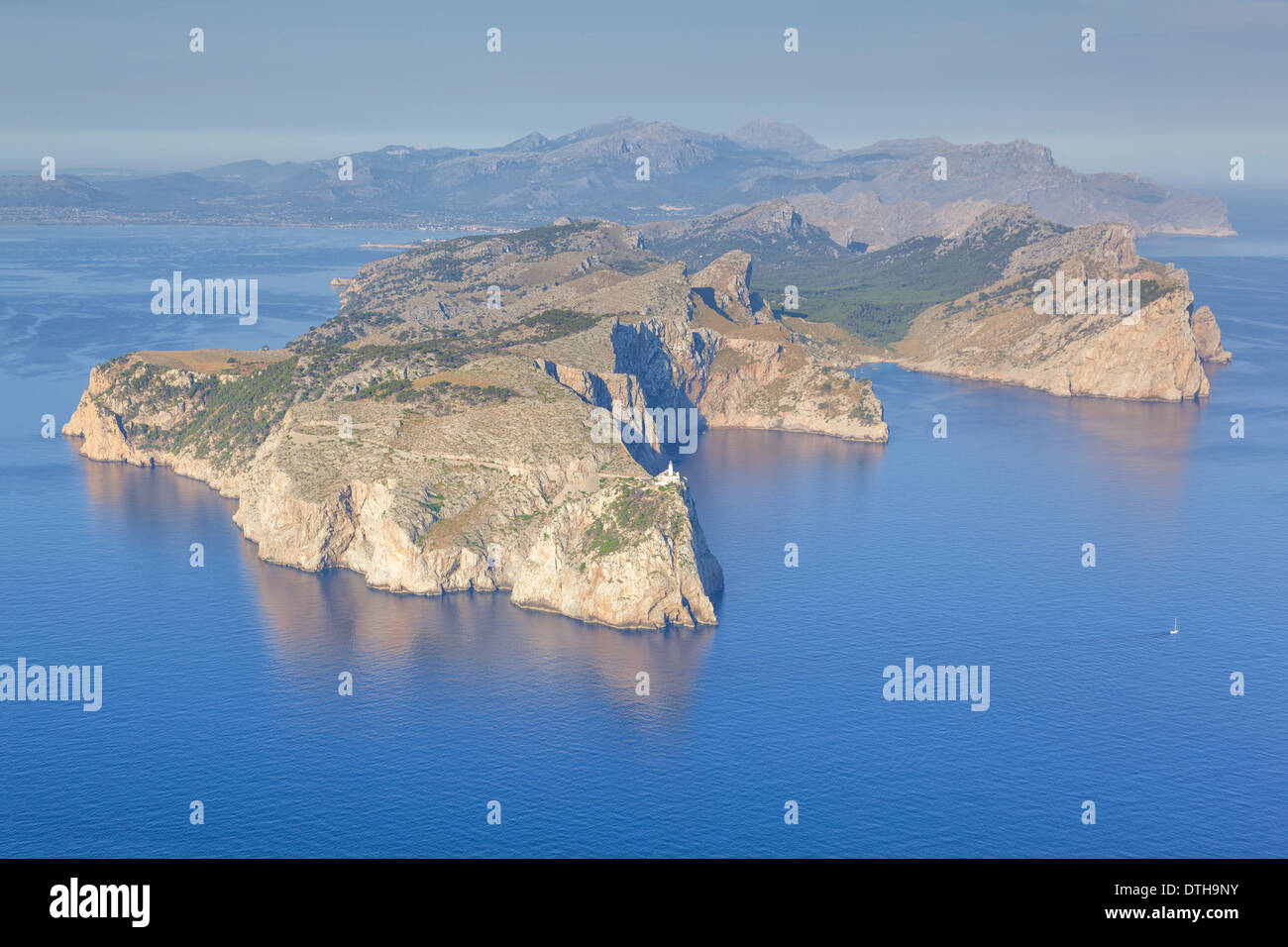 Aerial view of Majorca's northernmost point. Cap de Formentor and lighthouse. Pollensa area, Balearic islands, Spain Stock Photo