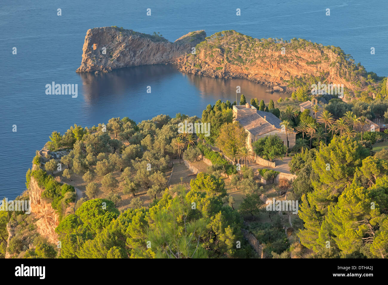 Evening view of Miramar country estate and La Foradada peninsula. Majorca's north coast. Deià area. Balearic islands, Spain Stock Photo