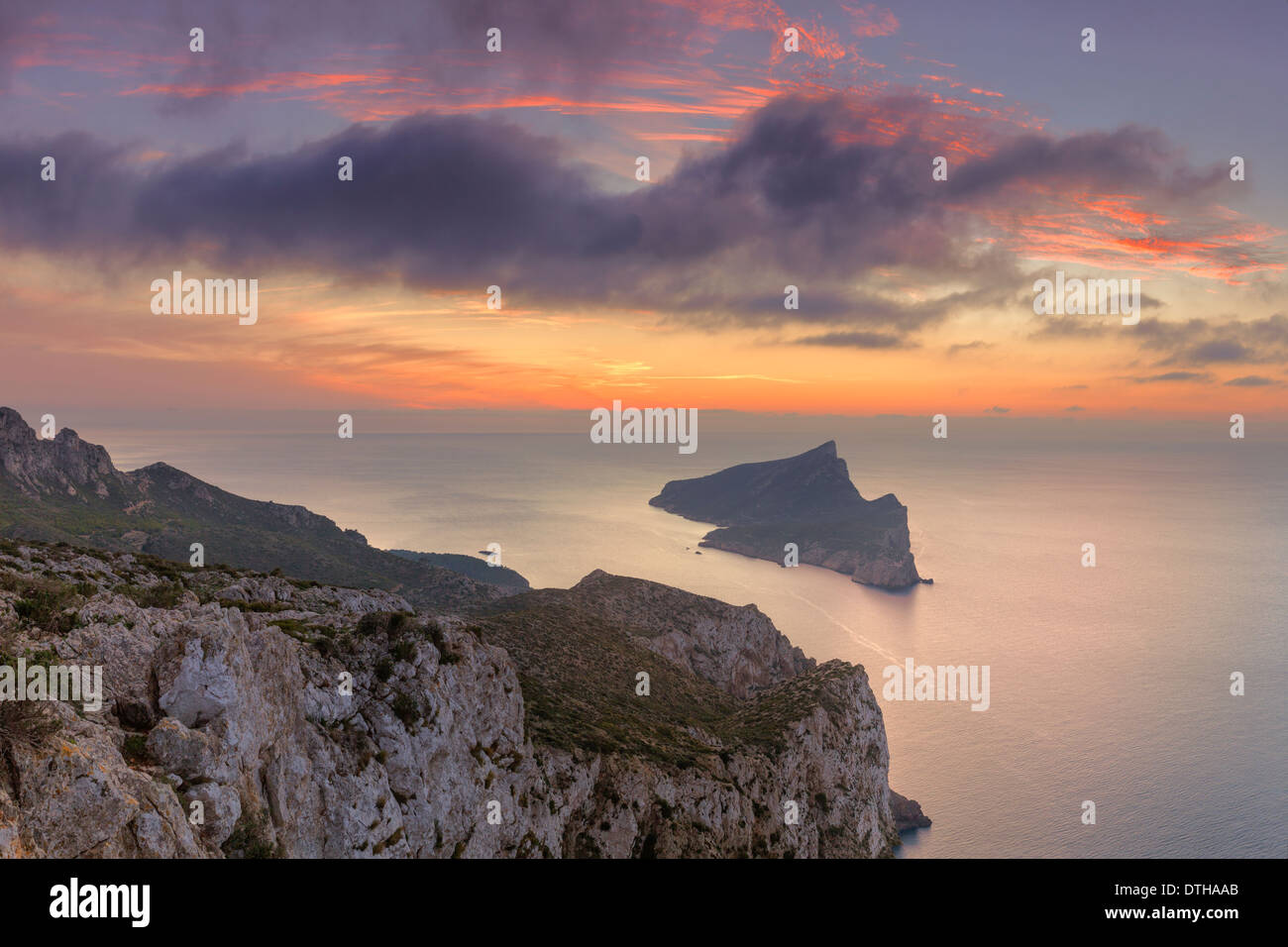 Dragonera island's silhouette at sunset, west off Majorca. Protected area. Andratx area. Balearic islands, Spain Stock Photo