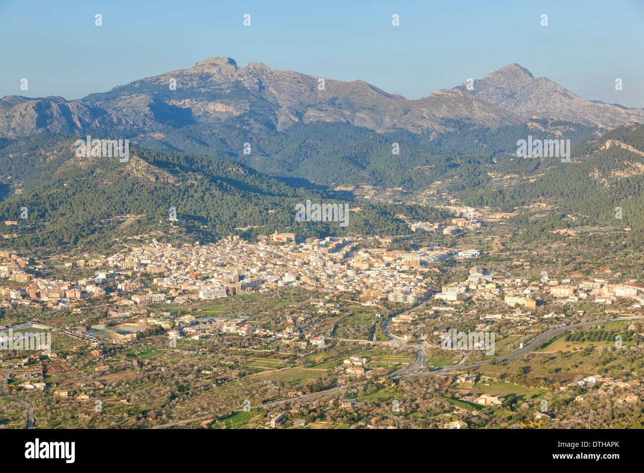 Aerial view of Andratx town and southern Tramuntana mountains. Majorca, Balearic islands, Spain Stock Photo