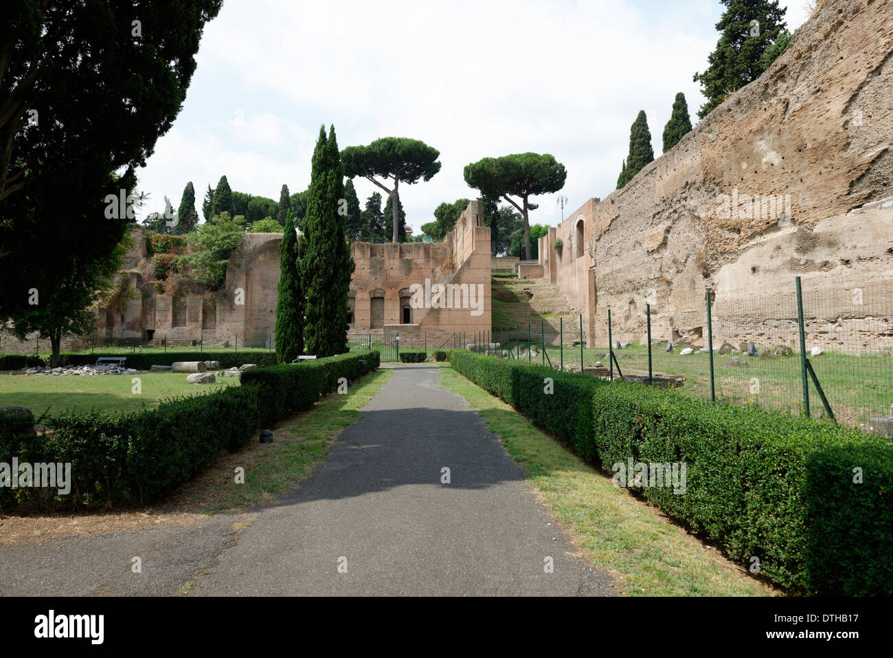 View to northeast library with niches for book volumes corner stairway at Baths Caracalla Rome Italy Baths Stock Photo