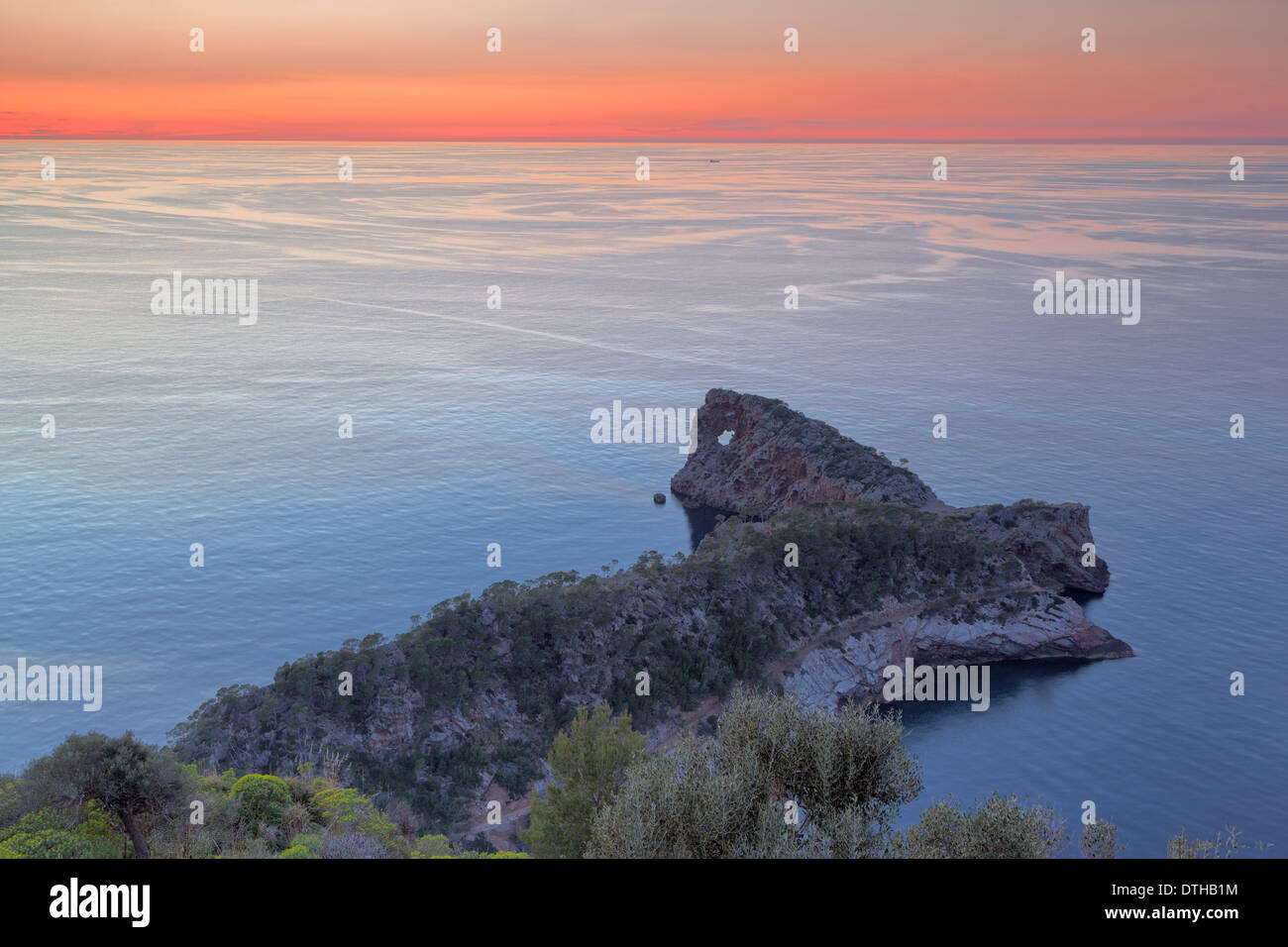 La Foradada peninsula at dusk, in a Winter calm day. Majorca's north coast. Deià area. Balearic islands, Spain Stock Photo