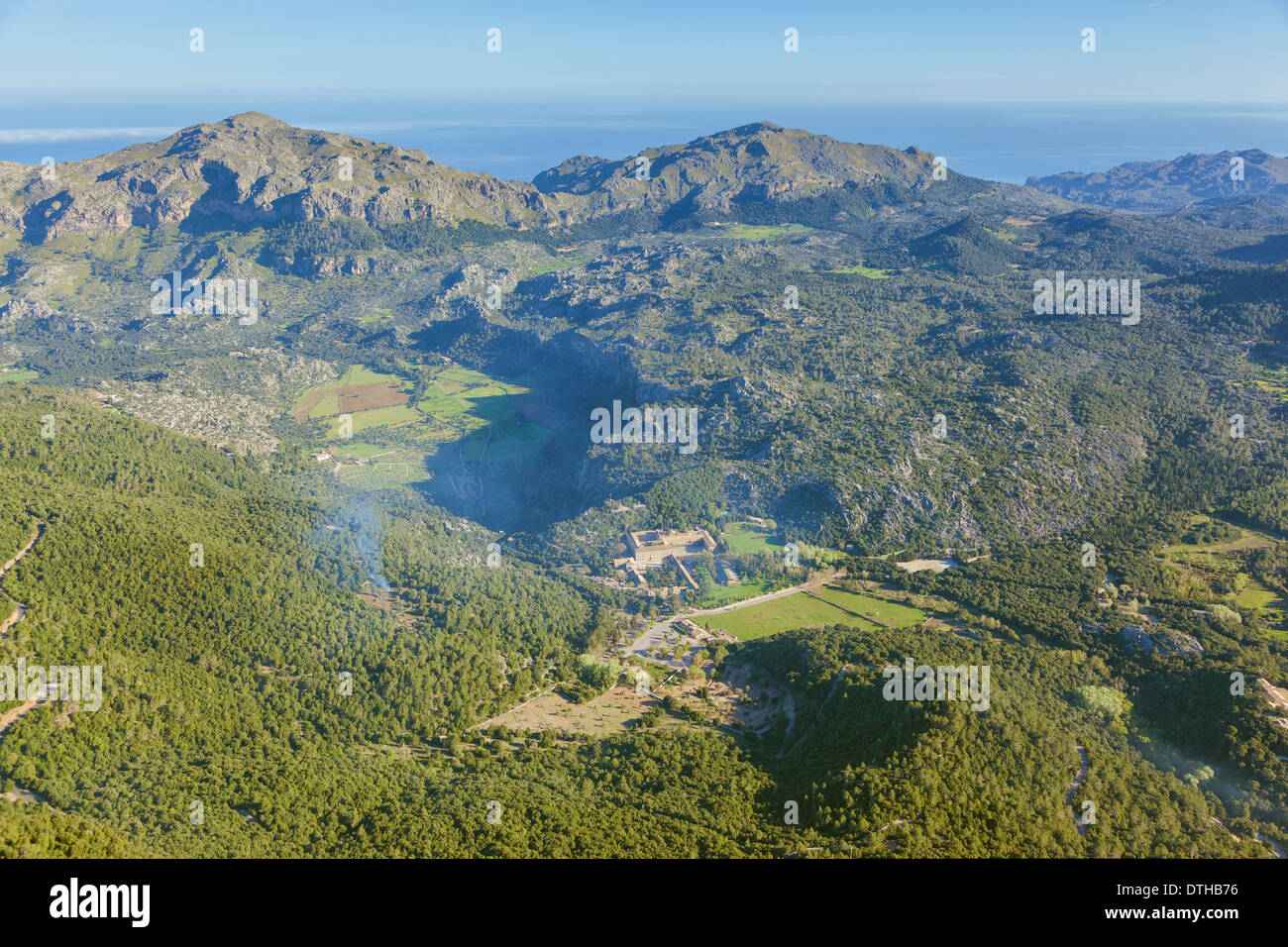 Spring aerial view of Lluc sanctuary, in the heart of Tramuntana mountains, Escorca area. Majorca, Balearic islands, Spain Stock Photo
