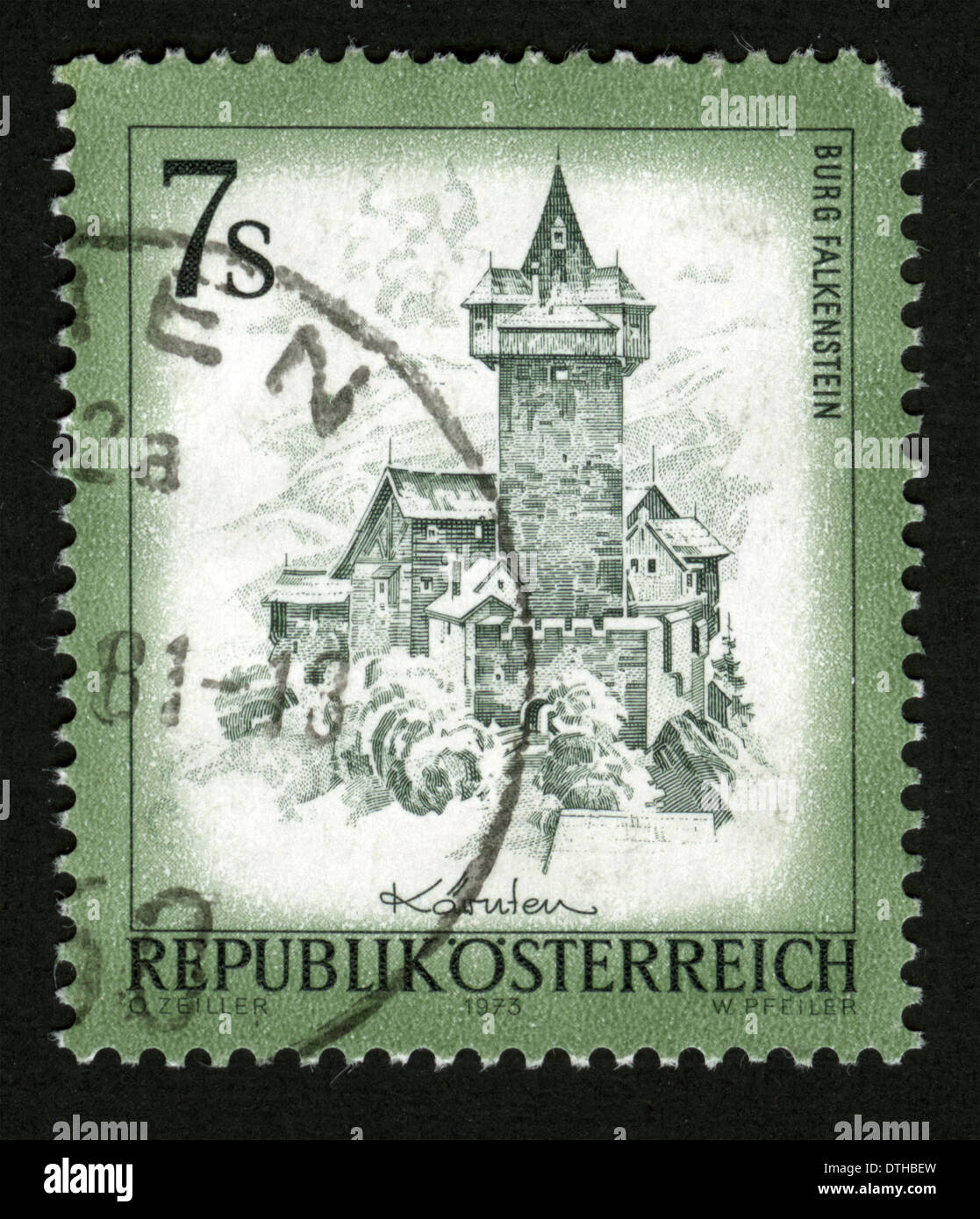 Republic of Austria Postage Stamp close up in black background Burg Falkenstein is a castle near Obervellach in Carinthia, Austr Stock Photo