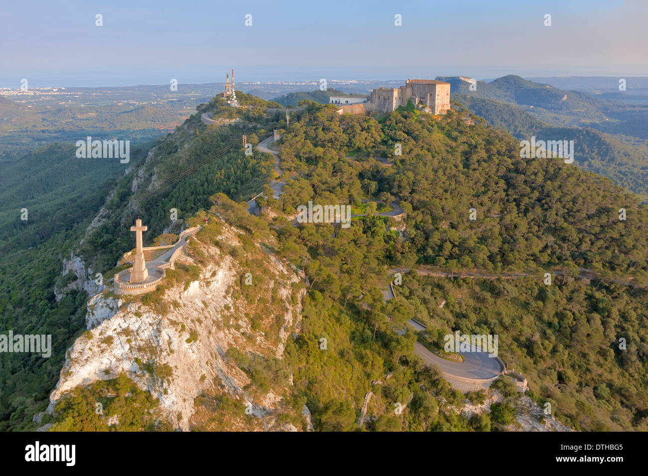 Sant Salvador mountain with its monastery and religious monuments. Felanitx area. Aerial view. Majorca, Balearic islands, Spain Stock Photo