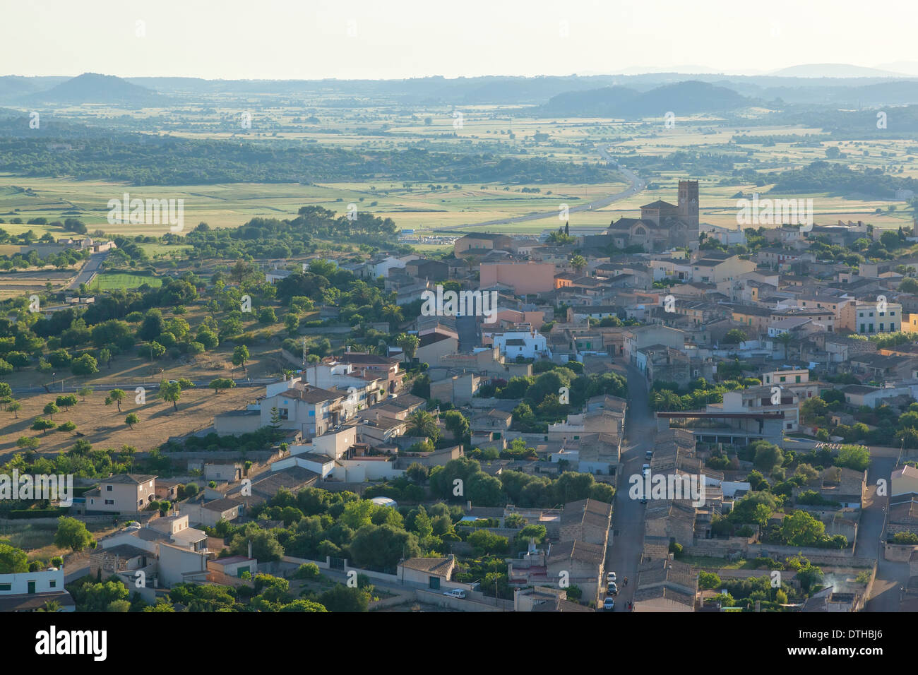 Evening aerial view of Ariany village, central area of Majorca, Balearic islands, Spain Stock Photo