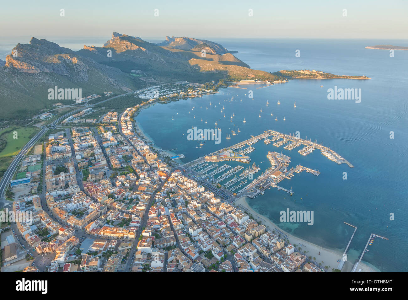 Northern area of Majorca. Port de Pollensa resort and Formentor peninsula at sunset. Aerial view. Balearic islands, Spain Stock Photo