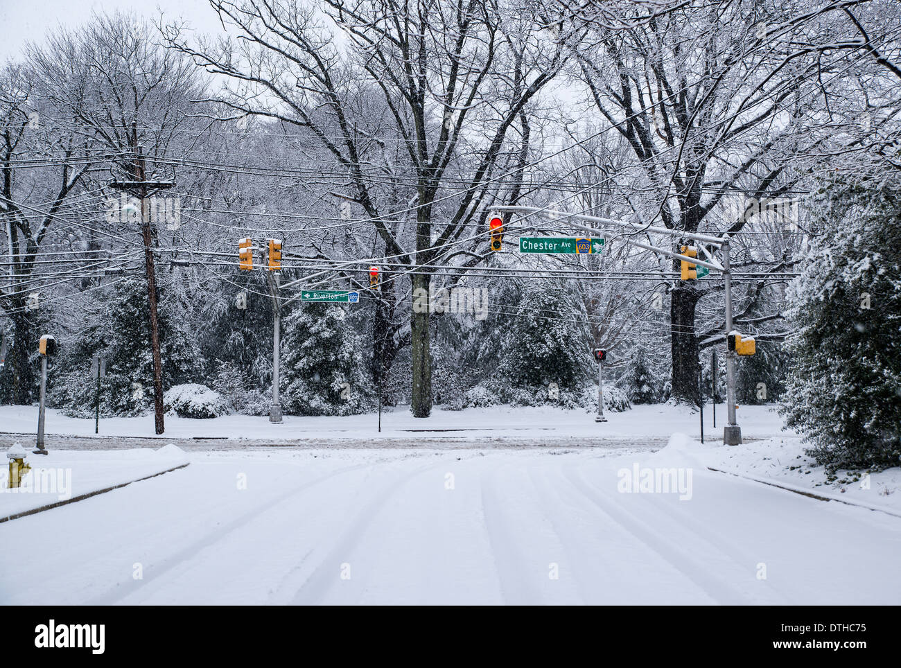 Snow covered road and traffic light. Stock Photo