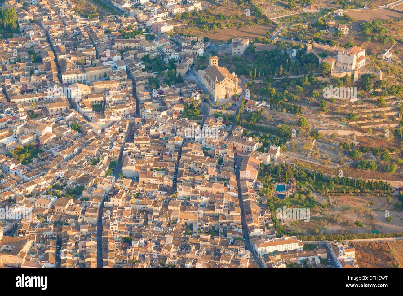 Early morning aerial view of Artà town with its church, in the northeast of Majorca island. Balearic islands, Spain Stock Photo