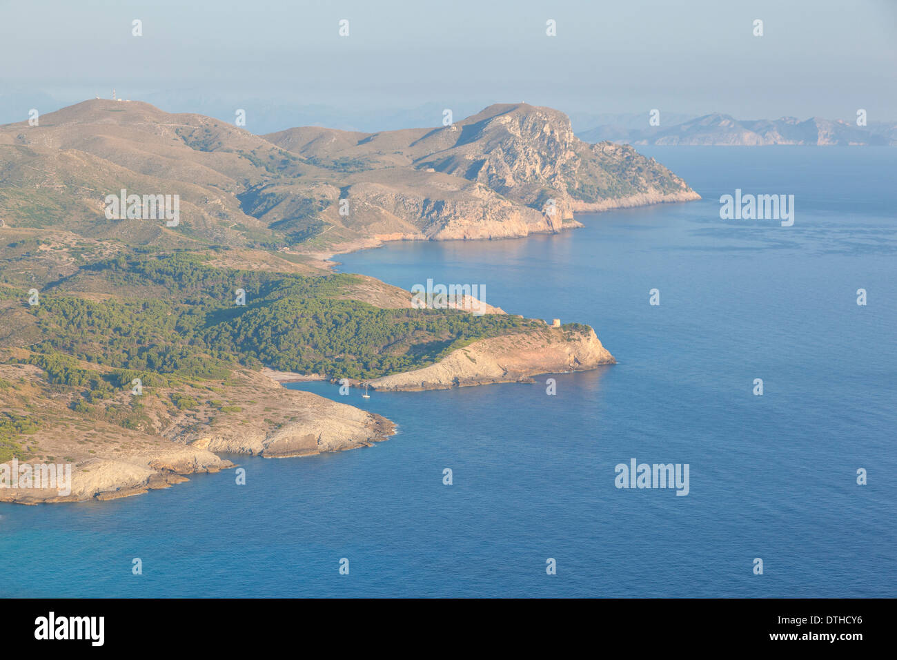 Aerial morning view of Majorca's northeast coast. Cap de Farrutx. Protected area. Majorca, Balearic islands, Spain Stock Photo