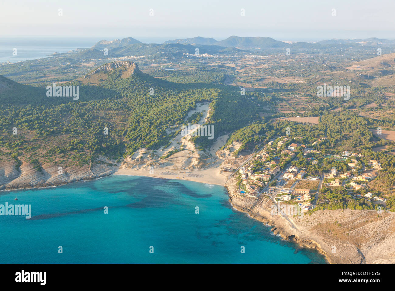 Majorca's northeast coast. Cala Mesquida beach and resort in Artà area. Aerial view. Balearic islands, Spain Stock Photo