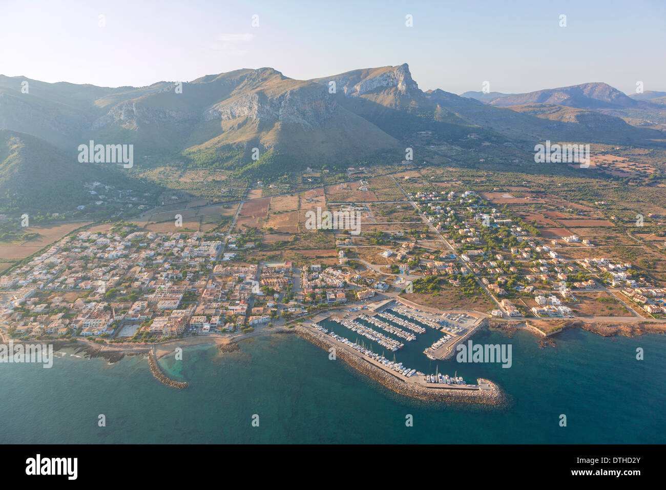 Colònia de Sant Pere resort and Bec de Farrutx mountain. Artà area. Aerial view. Majorca, Balearic islands, Spain Stock Photo