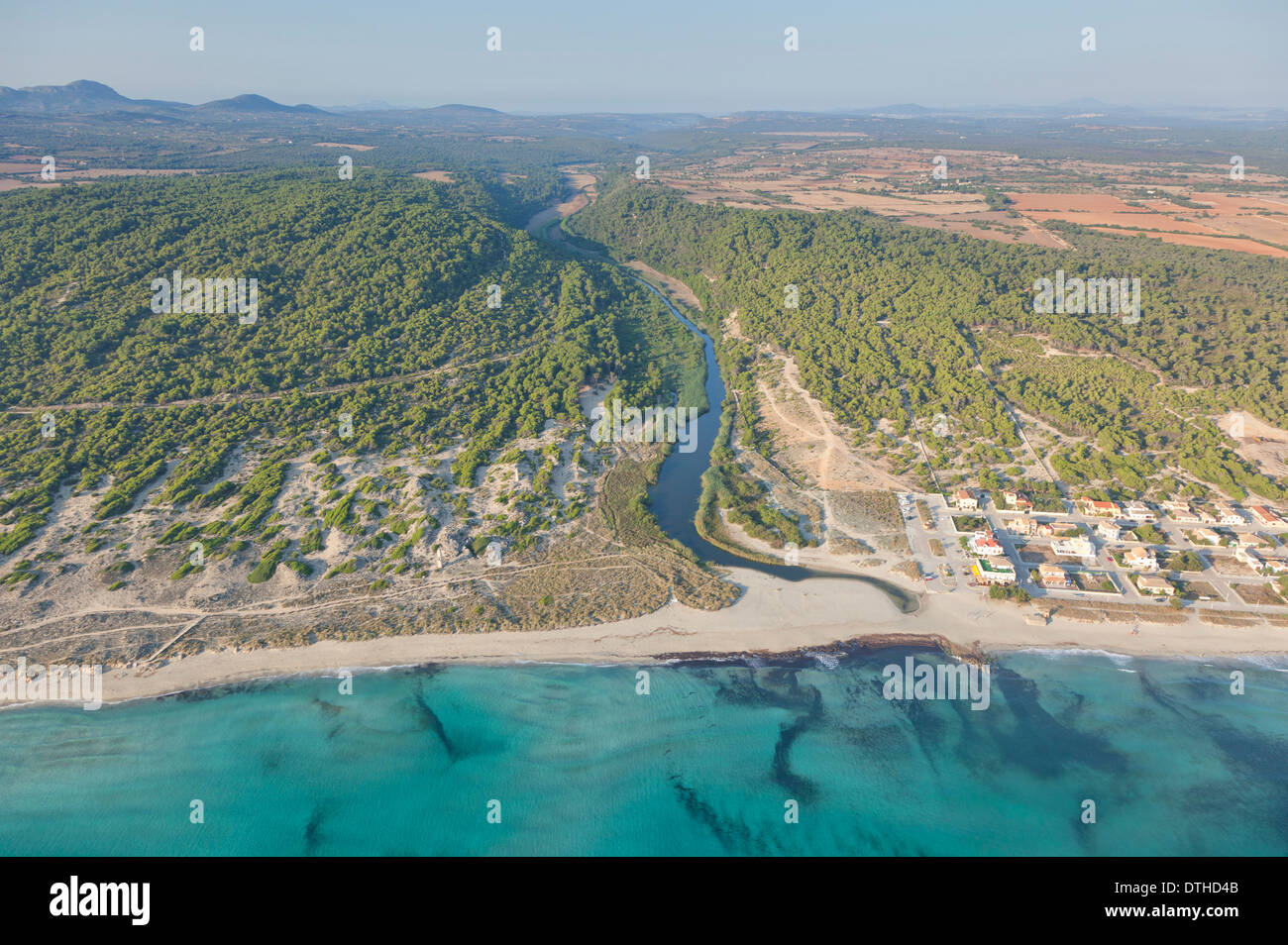 Sa Canova beach and Torrent de na Borges watercourse. Son Serra de Marina area. Aerial view. Majorca, Balearic islands, Spain Stock Photo