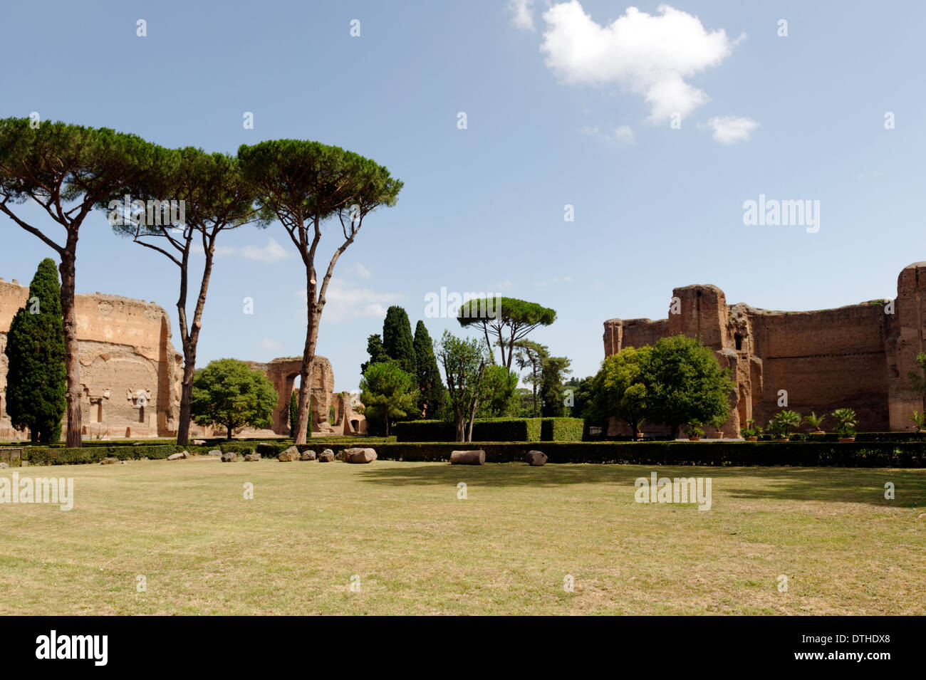 View over southwest garden pine trees to ruins buildings Baths Caracalla Rome Italy Baths of Stock Photo