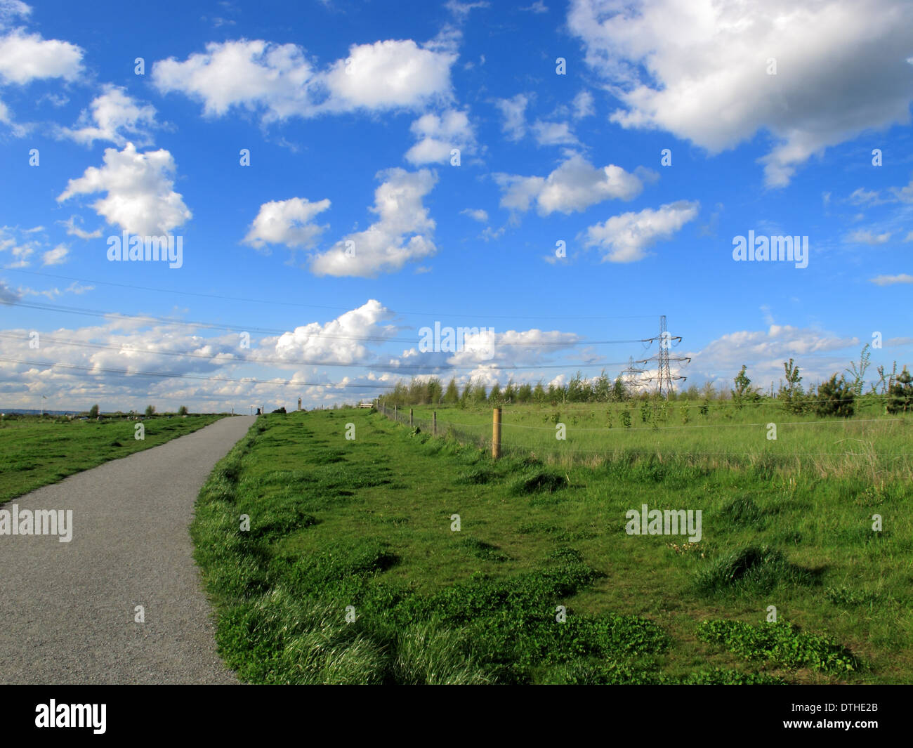 a landscape view a footpath with blue sky and white clouds in the ...