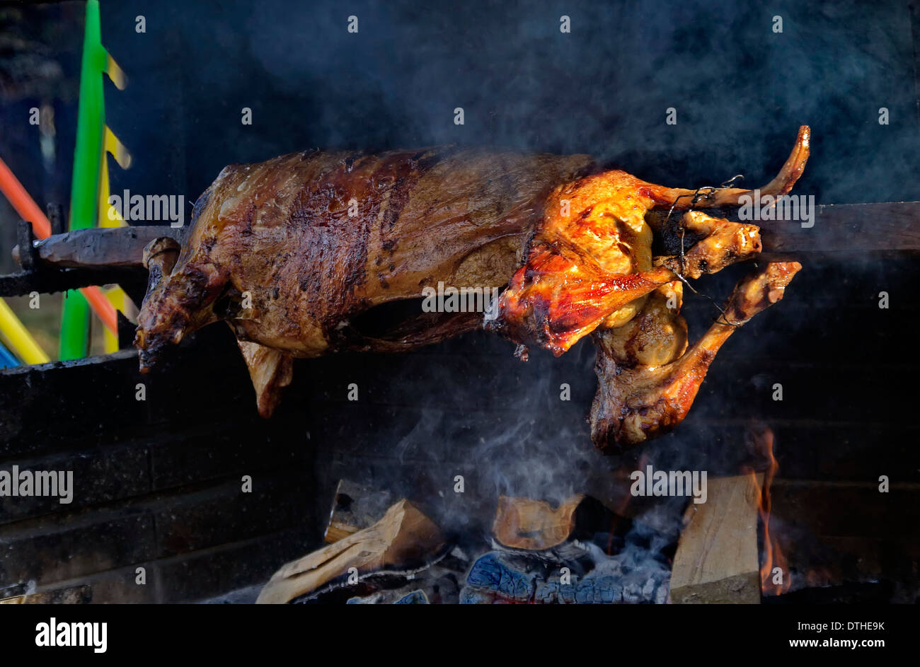 Lamb roasted whole on a spit over open fire in medieval setting Stock Photo
