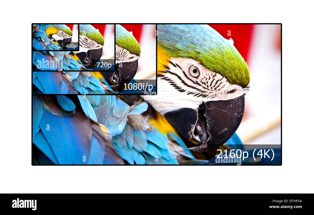 4K television display with comparison of resolutions. Ultra HD on on modern TV Stock Photo