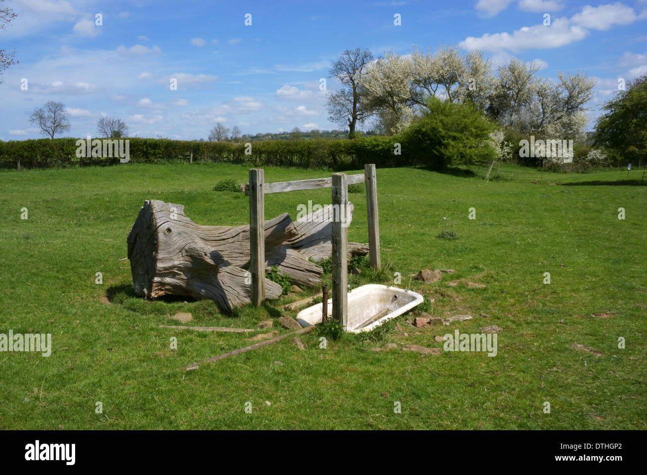 Old bath tub in field next to tree trunk at Upper Brailes in