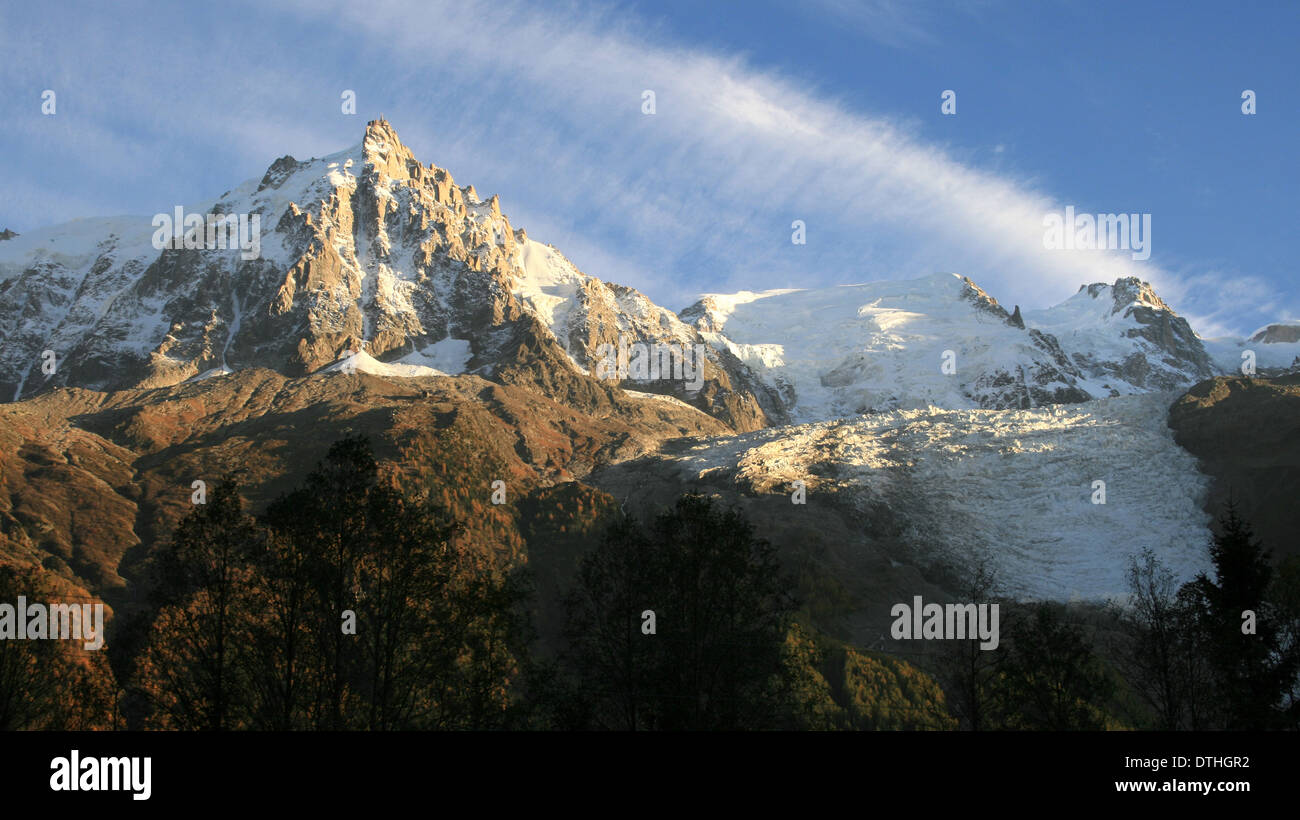 Aiguille du Midi and glacier of Bossons in the Mont Blanc massif, France. Stock Photo