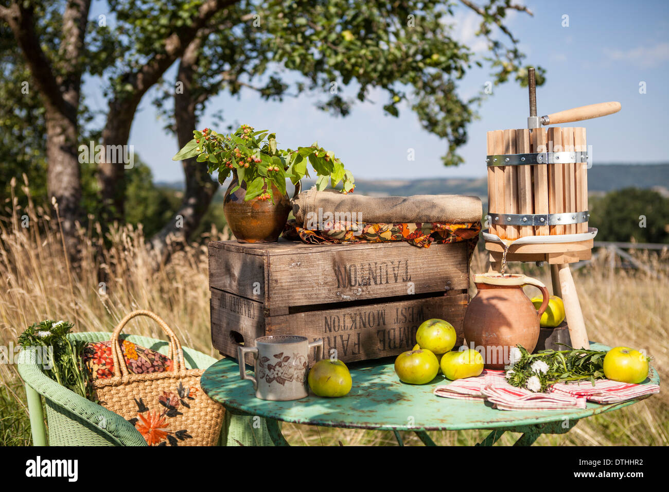 cider press on a table outdoors Stock Photo