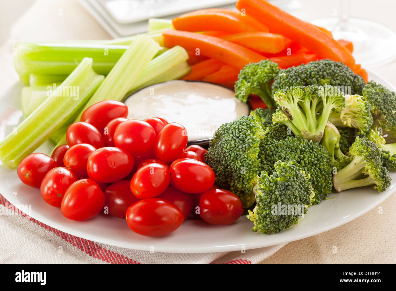 Organic Raw Vegetables with Ranch Dip with Tomatoes, Celery Stock Photo